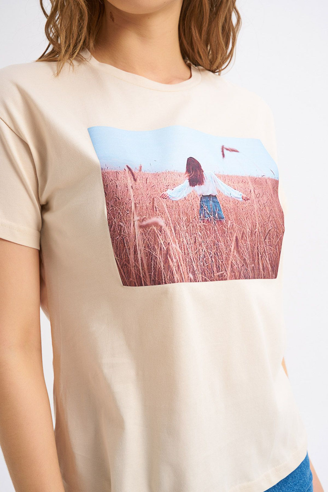 Baskılı Tişört Açık Bej