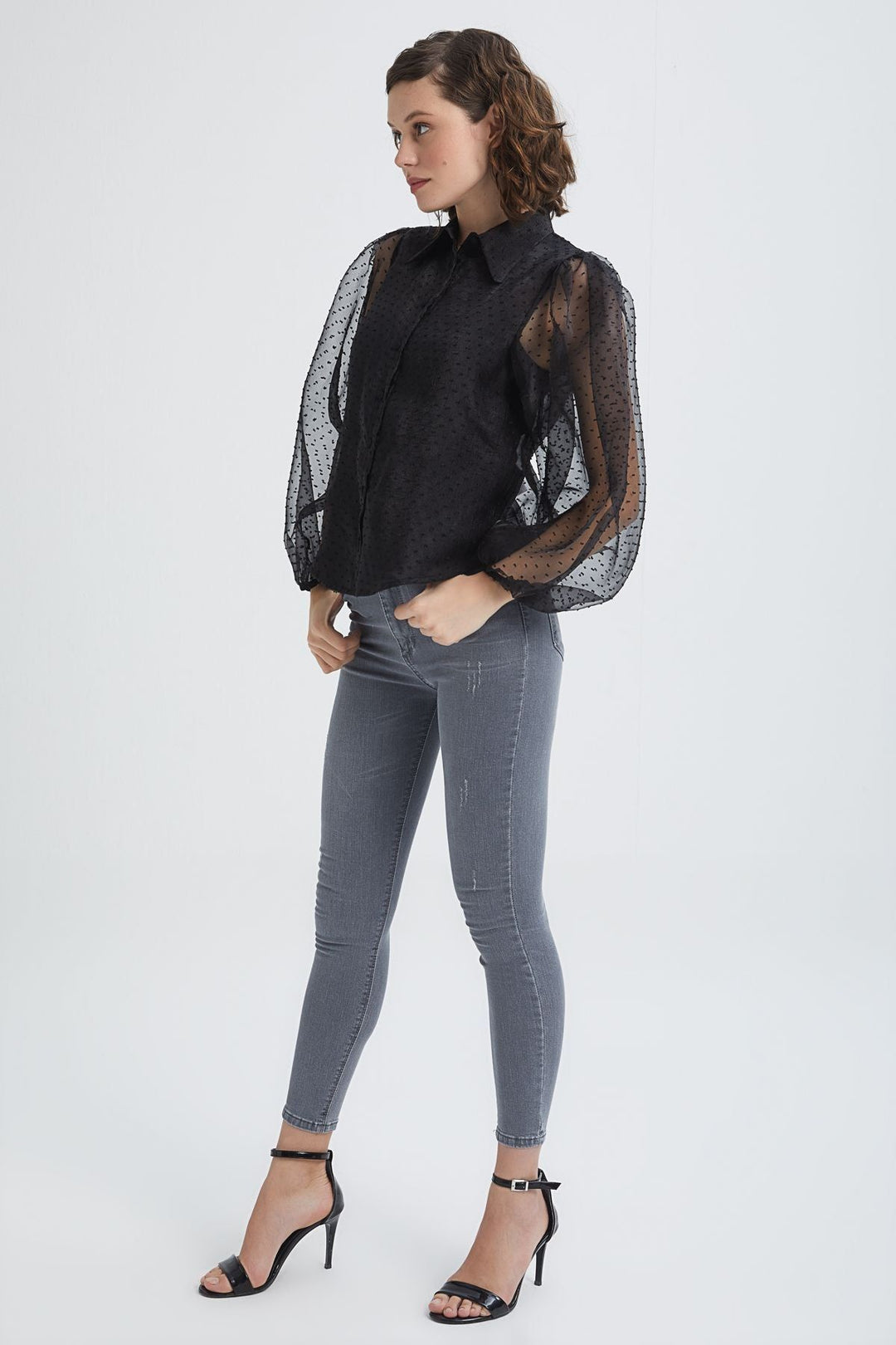 Embossed Sleeves Pleated Tulle Shirt Black