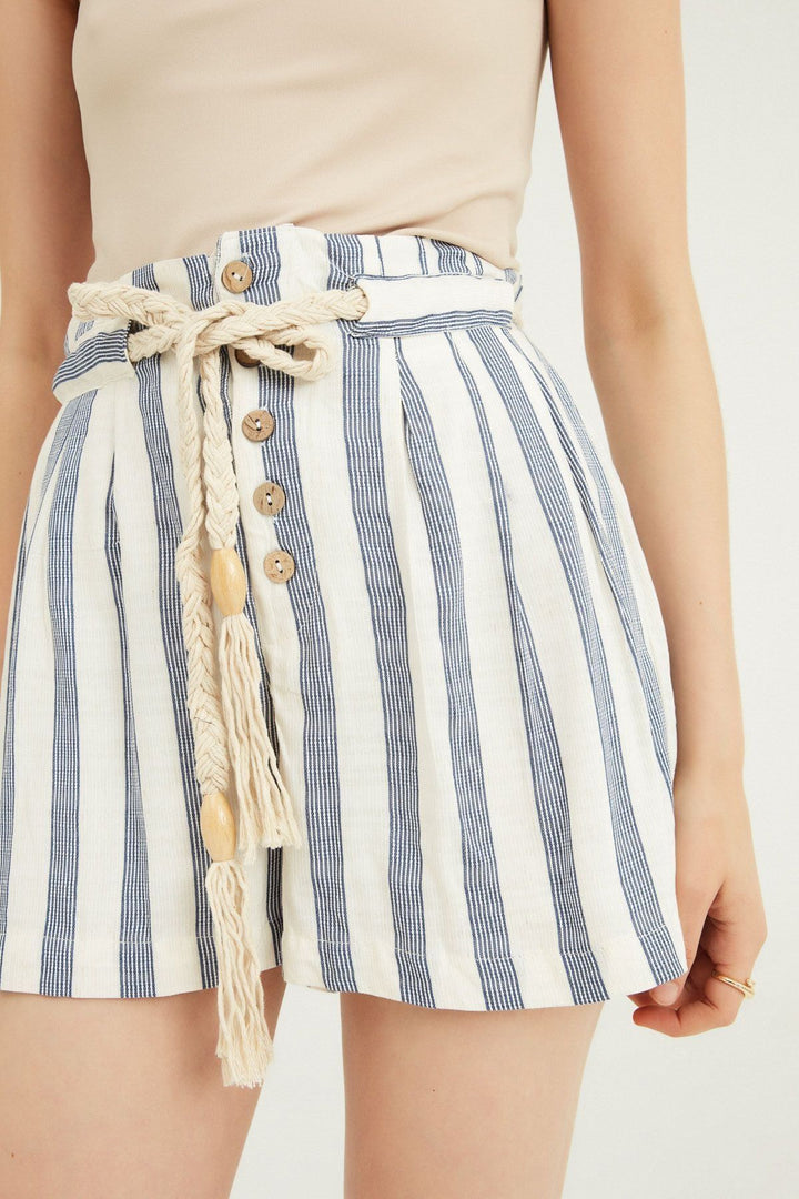 Striped Belted Linen Shorts Indigo