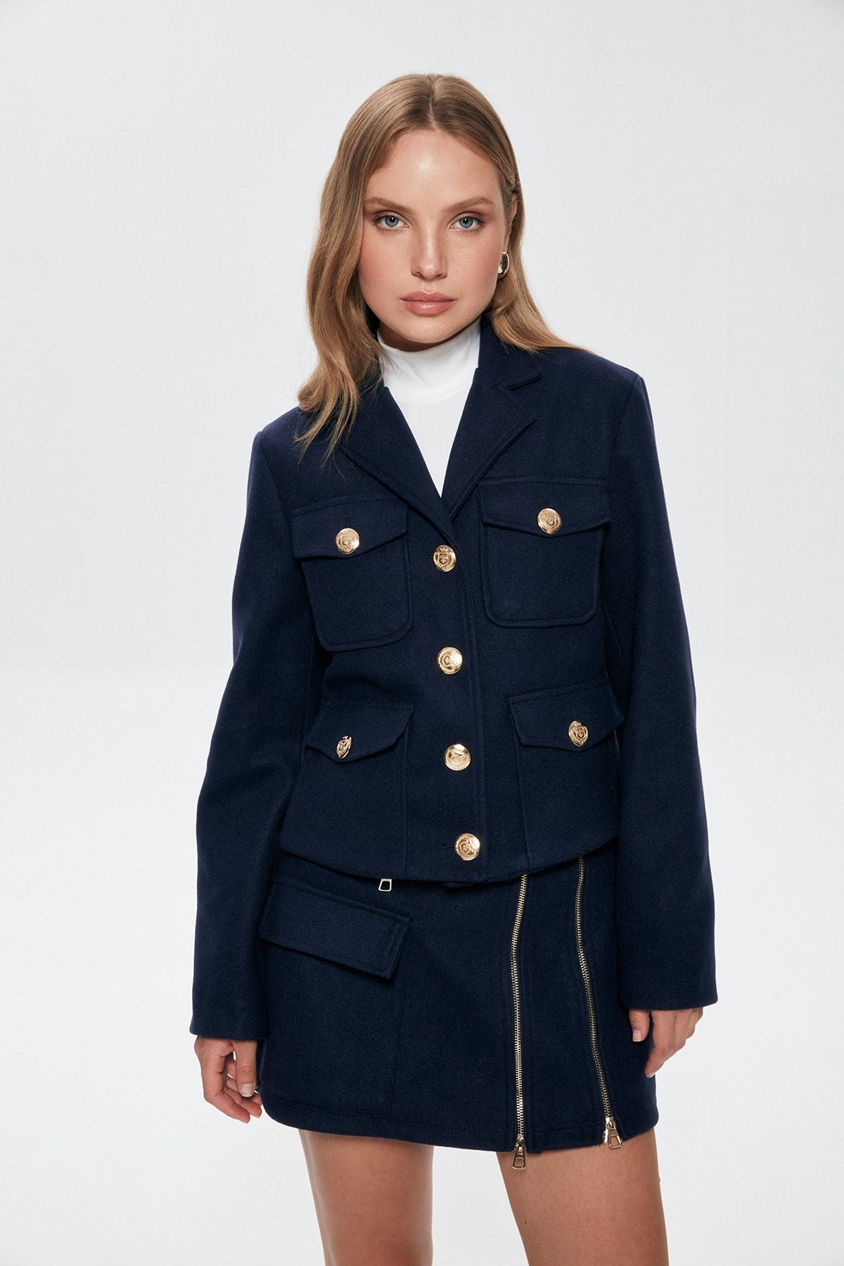 Button Detailed Stitch Jacket Navy Blue