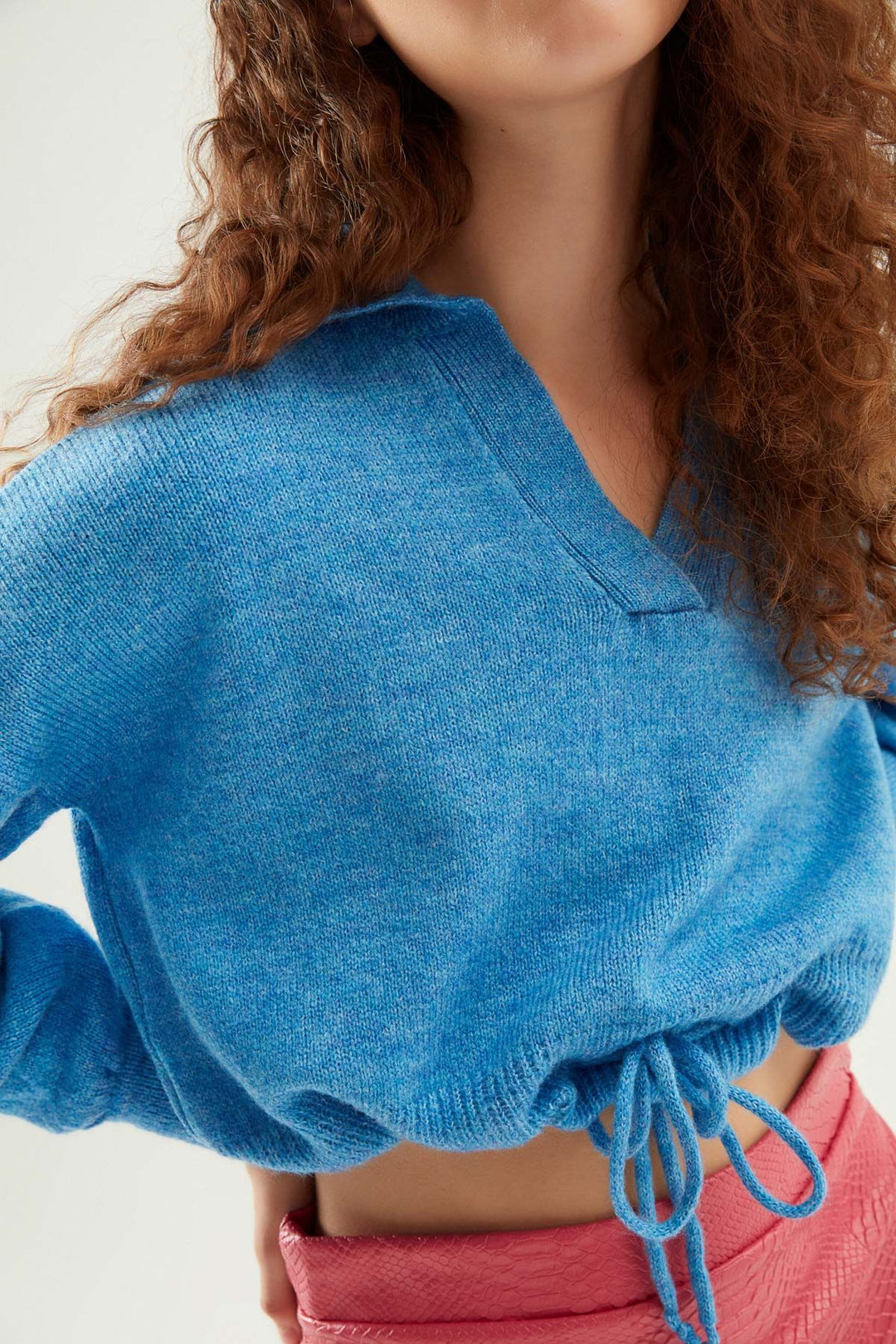 Polo Neck Waist Pleated Knitwear Blue