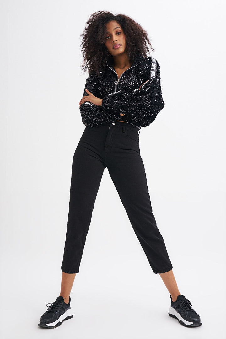 Şerit Detaylı Payetli Ceket Siyah