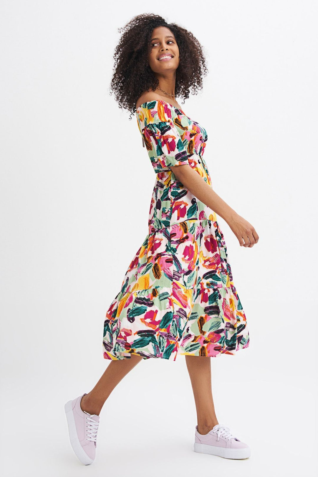 Patterned Off-Shoulder Dress Fuchsia