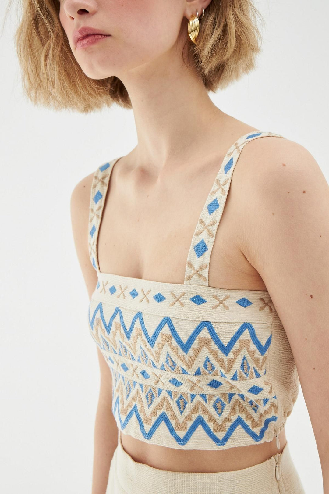 Embroidery Detailed Crop Blouse Natural