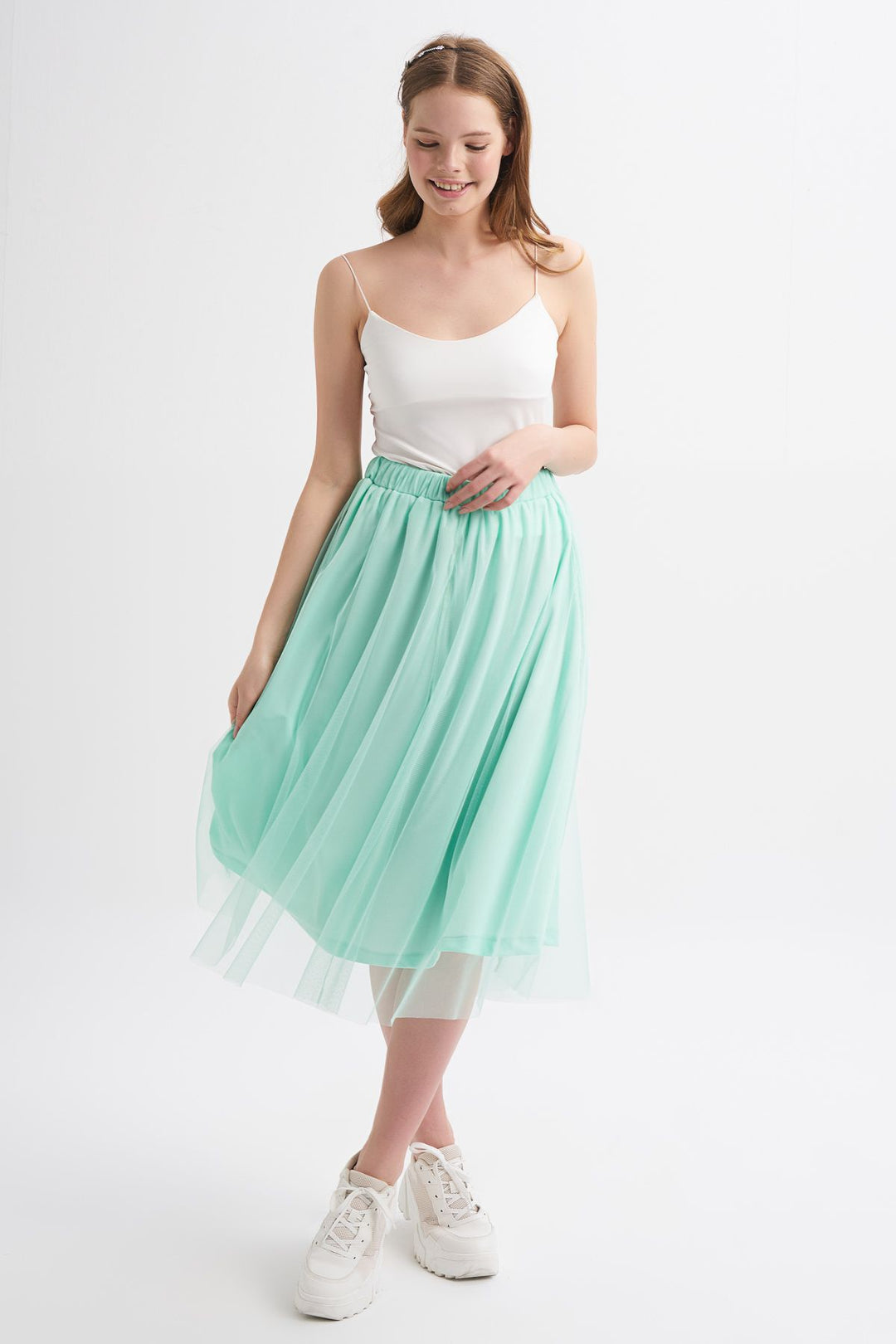 Pleated Tulle Detailed Midi Skirt Mint