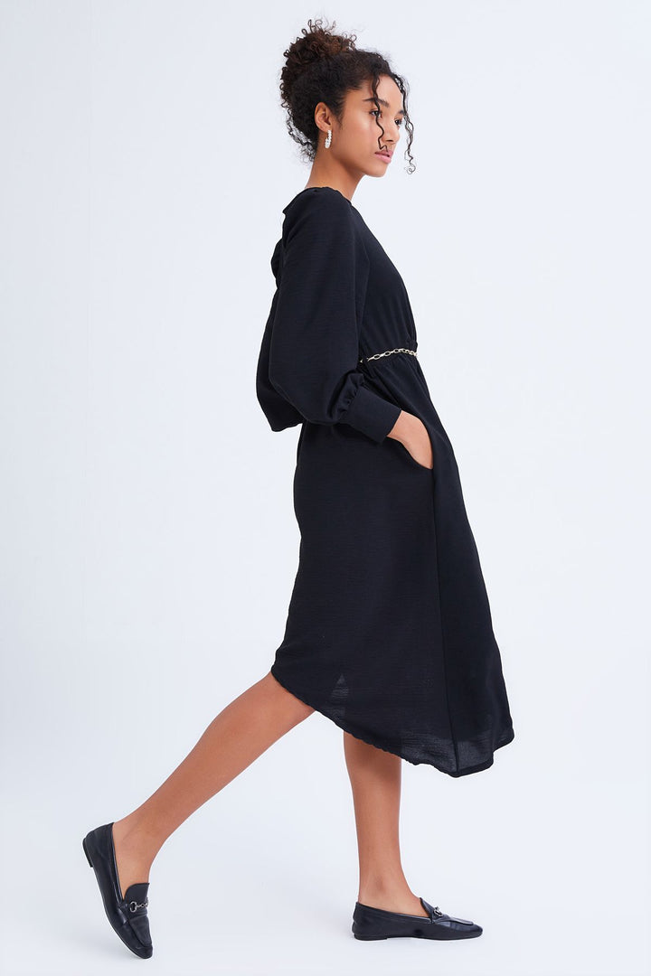 Chain Belt Asymmetrical Dress Black