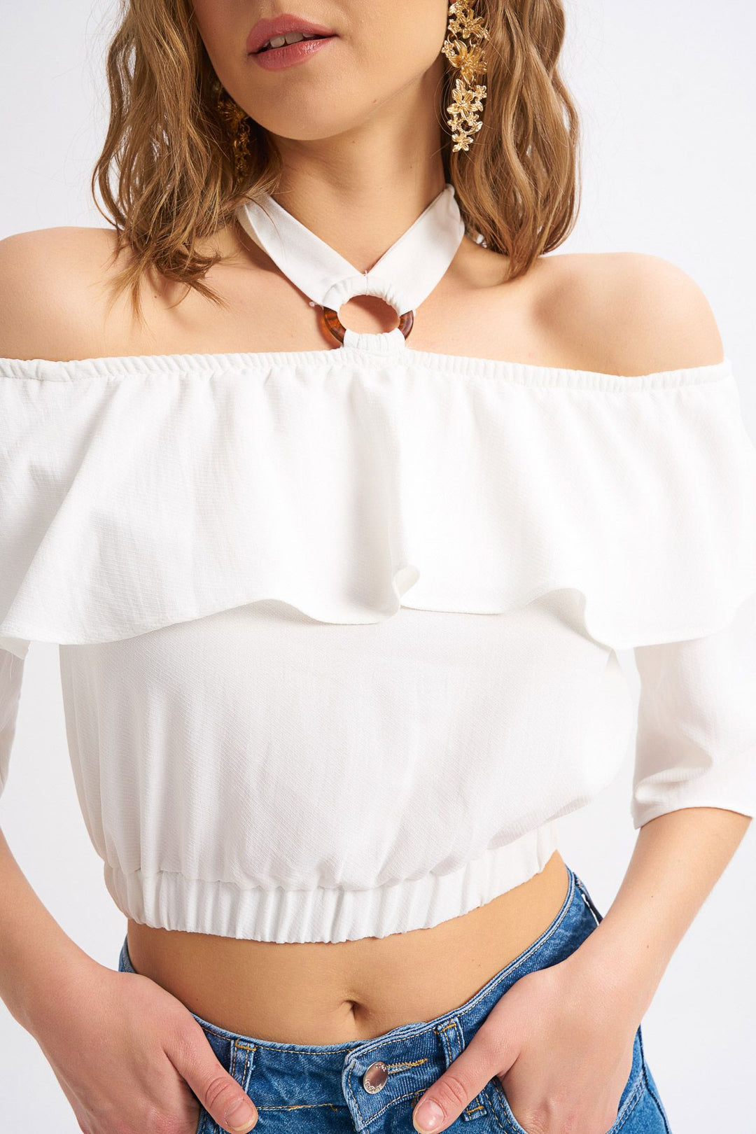 Halter Neck Detailed Flounce Blouse White