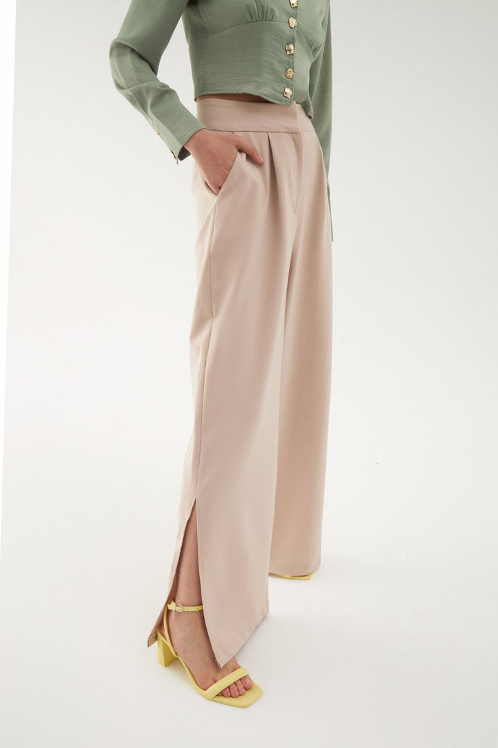 Slit Detailed Wide Leg Trousers Stone