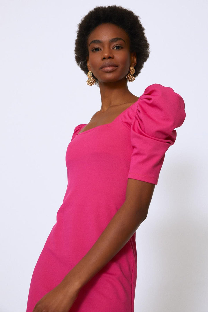 Karpuz Kol Kare Yaka Elbise Fuşya
