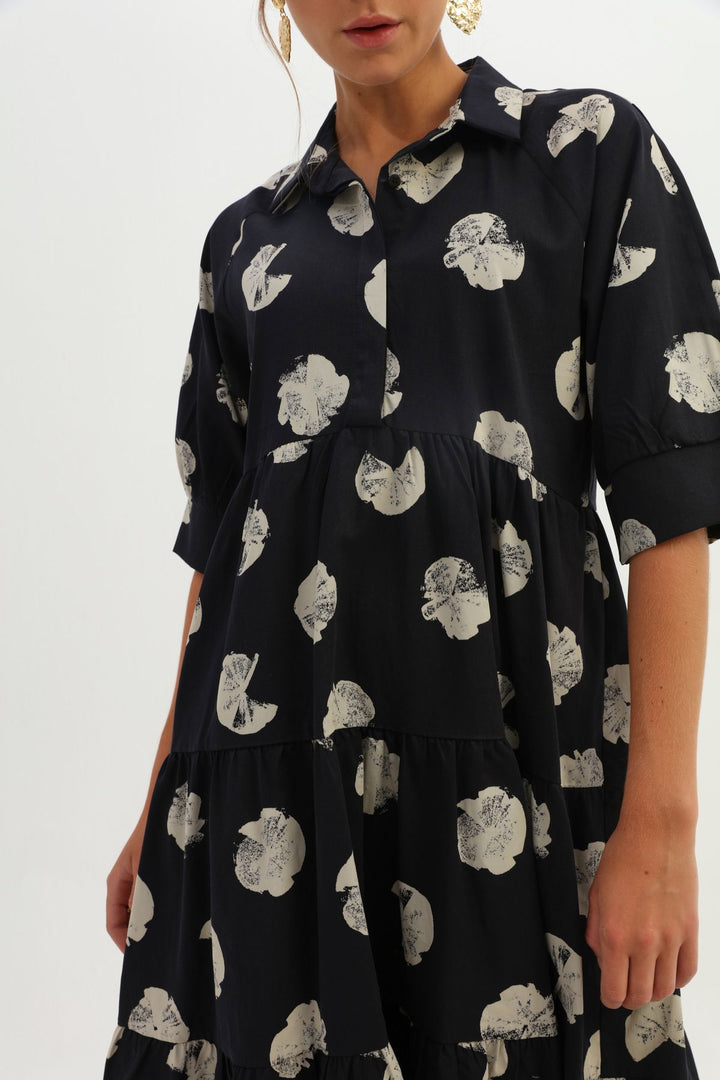 Patterned Shirt Collar Pocketed Dress Black