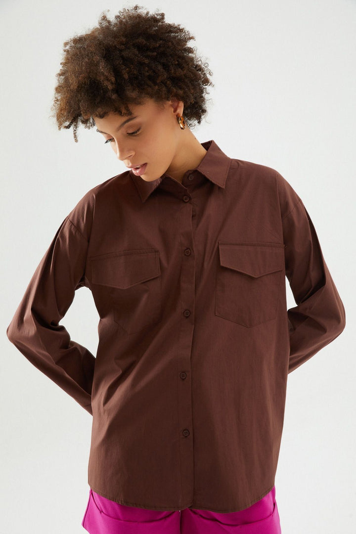 Sırt Dekolteli Oversize Gömlek Koyu Kahve