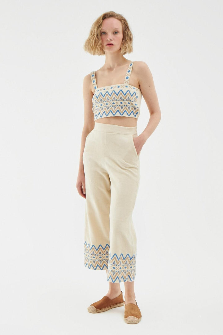 Paçası Nakışlı Keten Pantolon Naturel