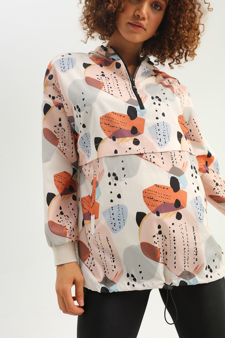 Patterned Hooded Pocketed Raincoat Ecru