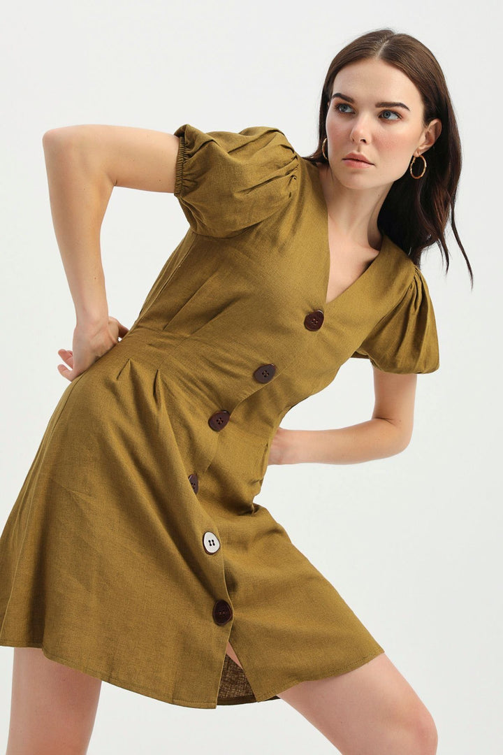V Neck Balloon Sleeve Linen Dress Dark Khaki