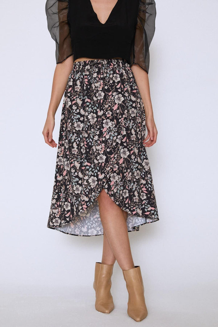 Floral Patterned Wrap Skirt Black
