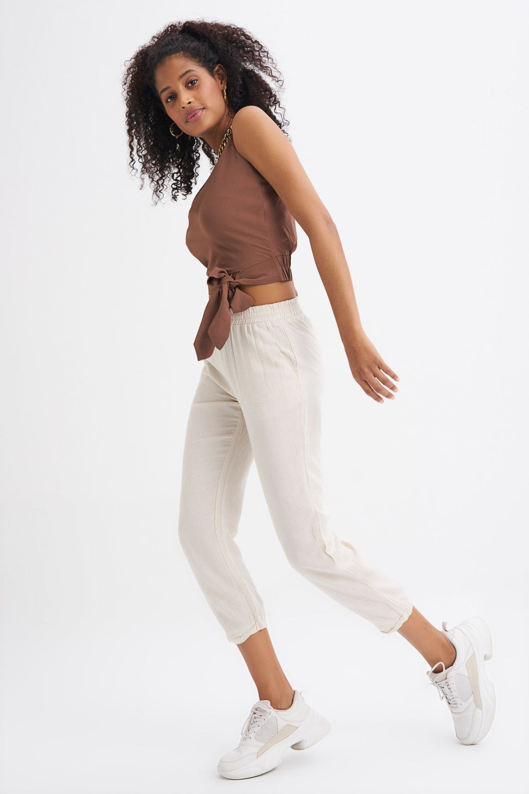 Beli Lastikli Keten Pantolon Ekru