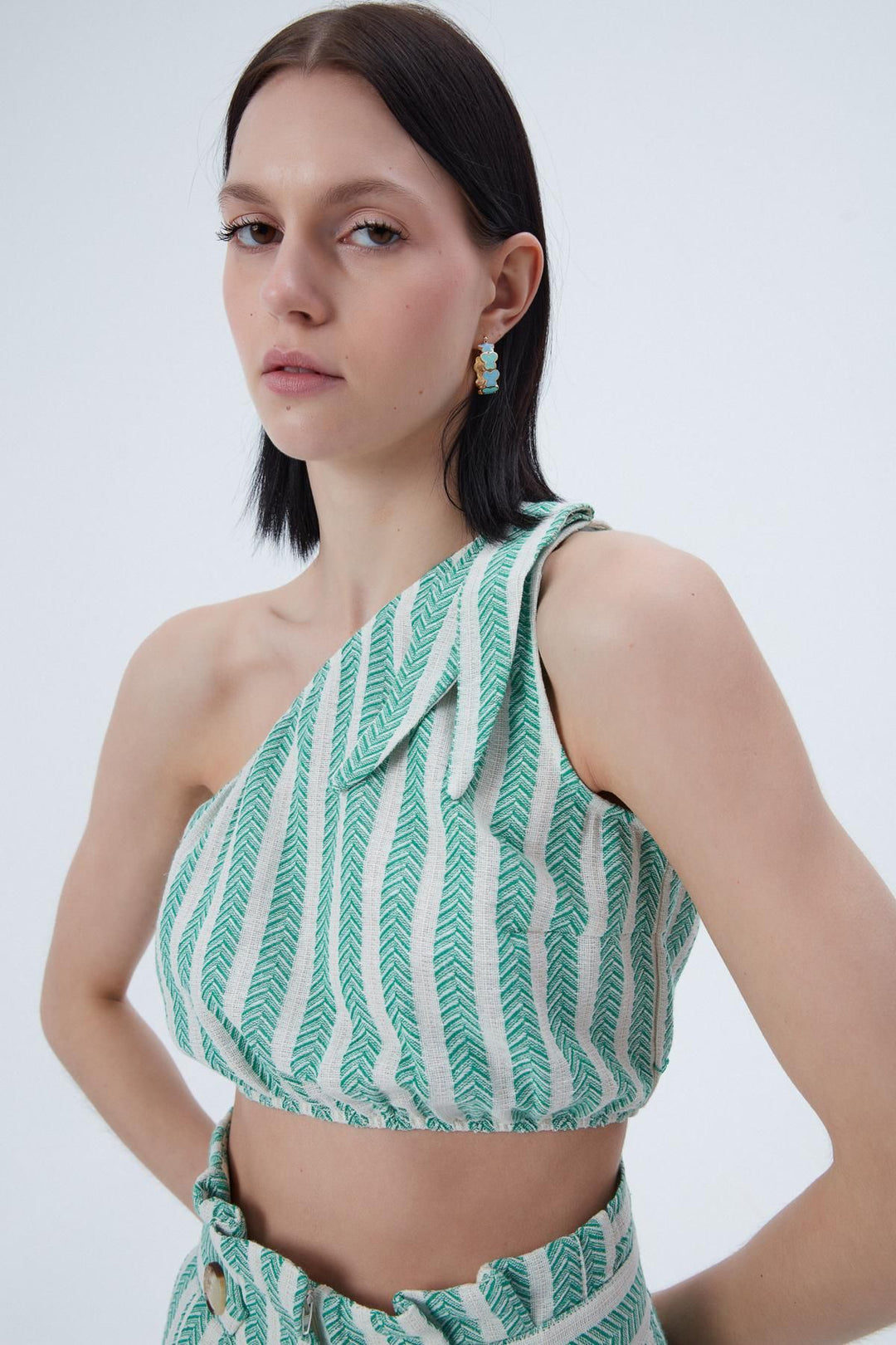 Tek Omuz Crop Bluz Yeşil