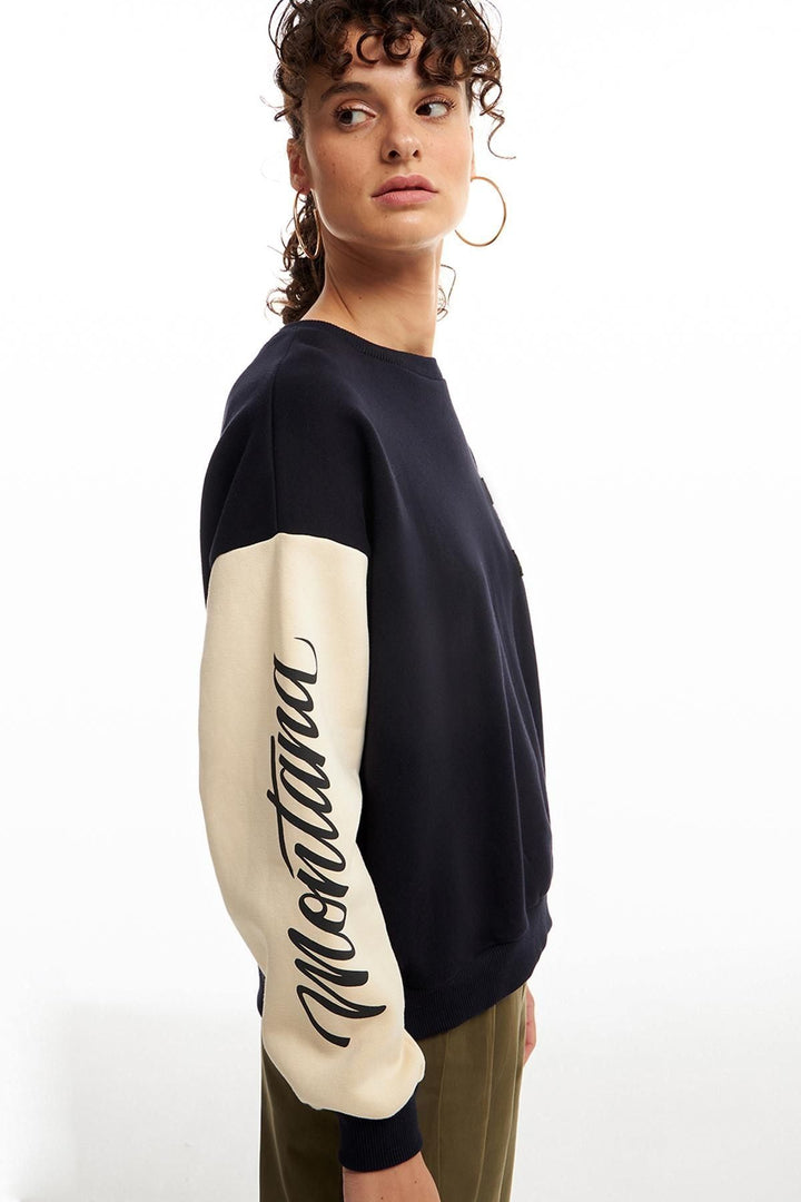Sleeve Printed Sweatshirt Navy