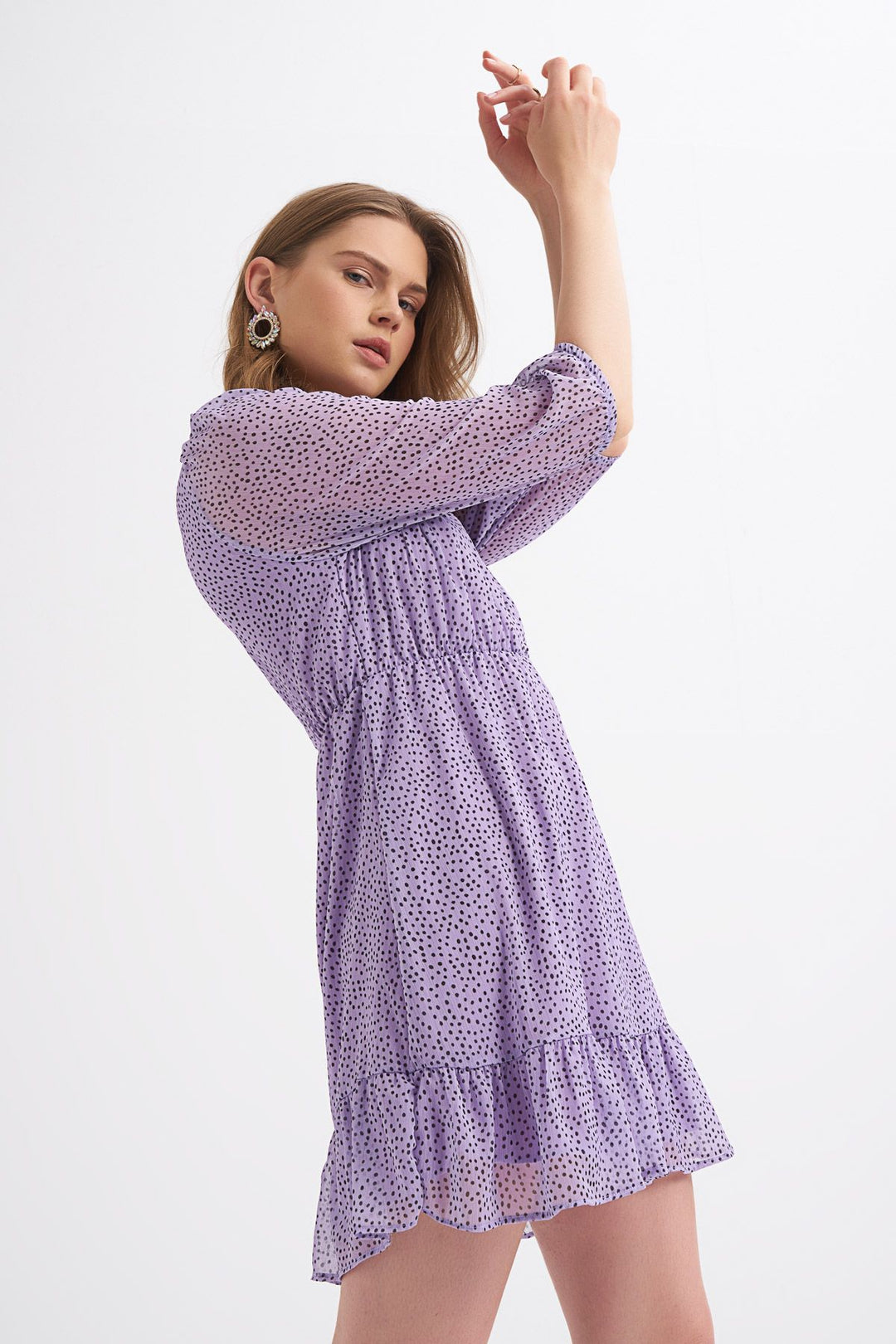 Desenli V Yaka Düğme Detaylı Elbise Lila