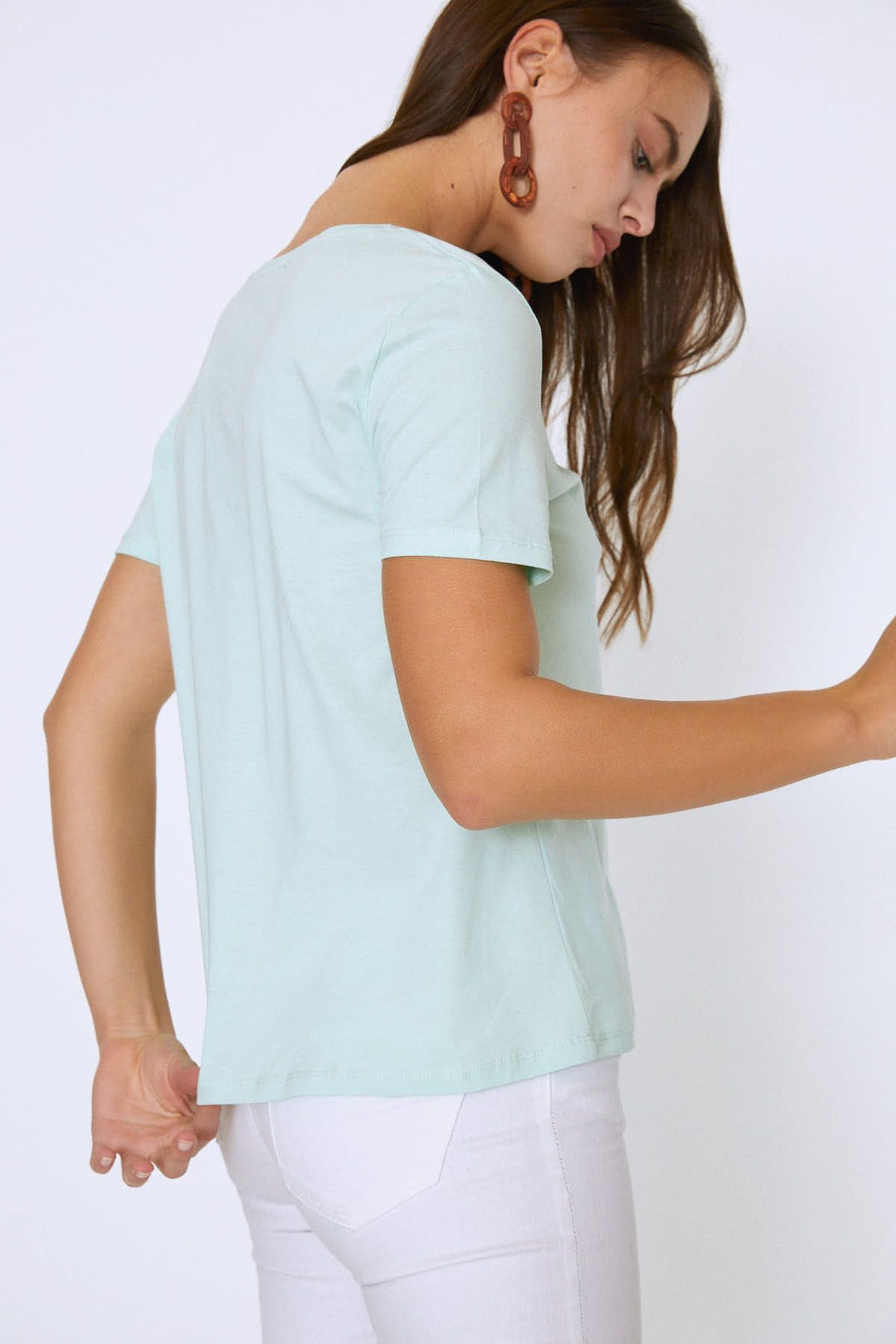 V Yaka Basic Tişört Açık Mint