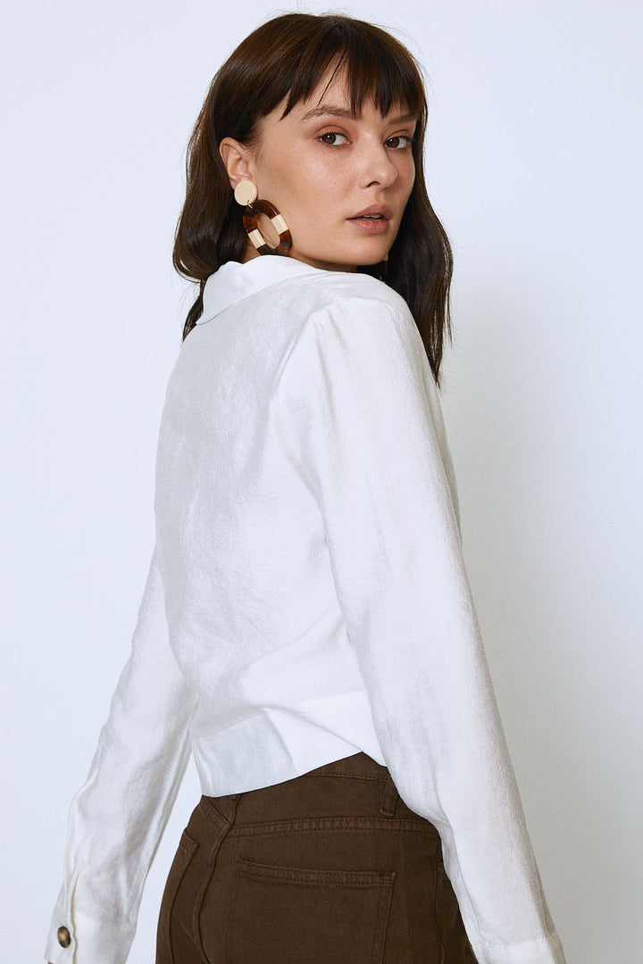 Tie Waist Pocket Long Sleeve Shirt Ecru
