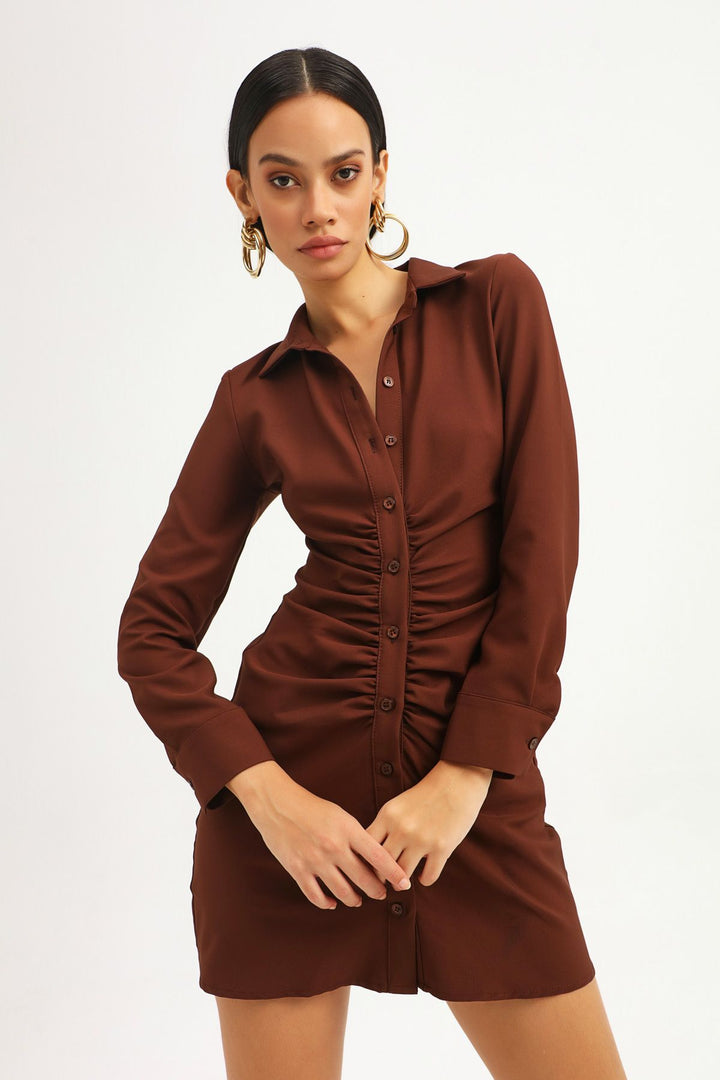 Shirred Detailed Buttoned Dress Dark Brown