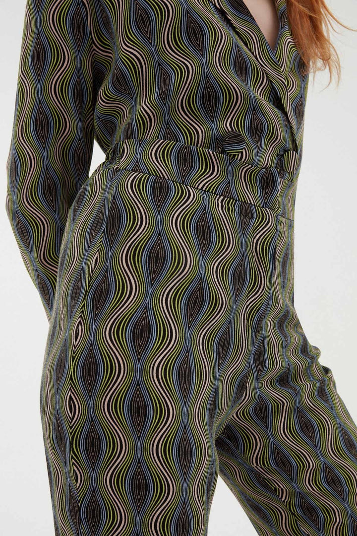 Desenli Bol Paça Pantolon Yeşil