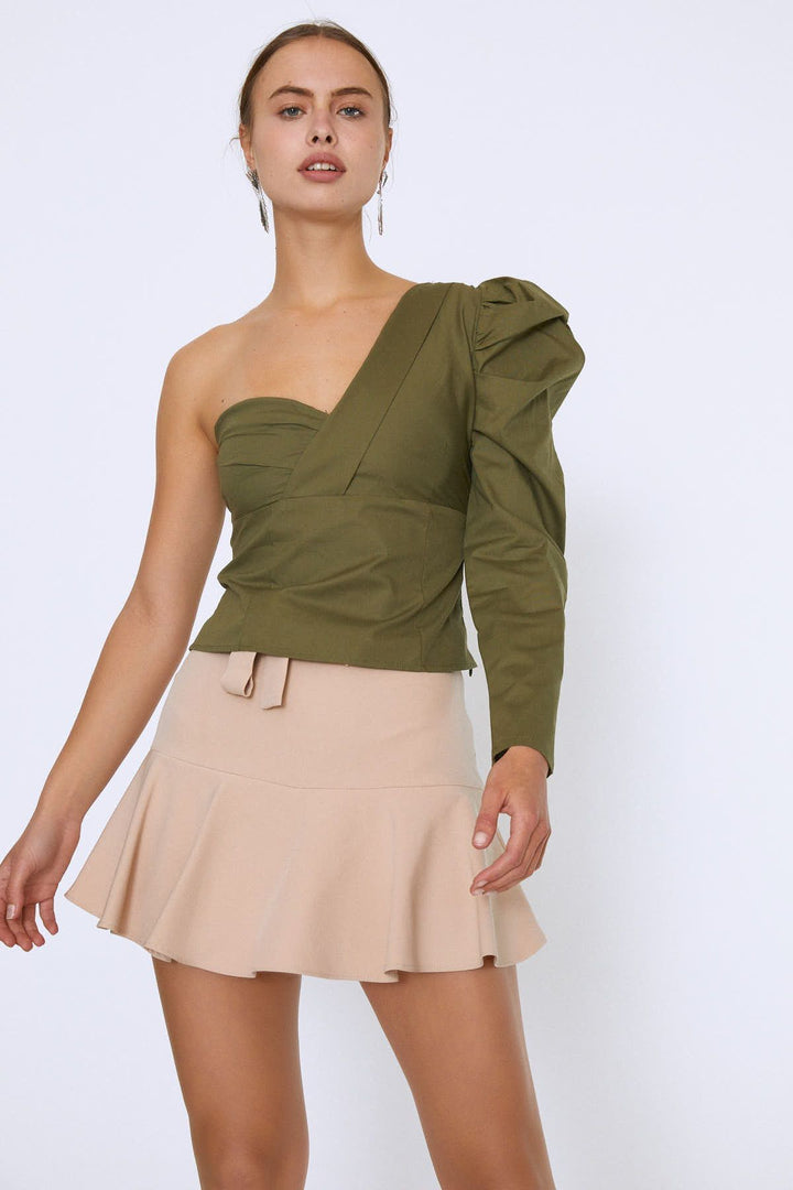 One Shoulder Crop Blouse Khaki