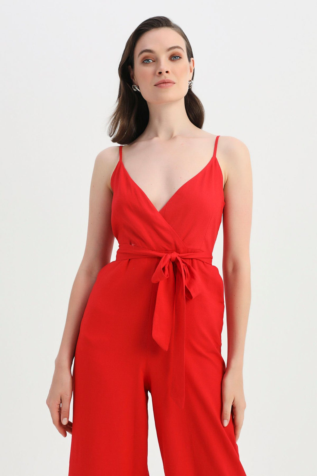 Strap Waist Belted Linen Jumpsuit Red