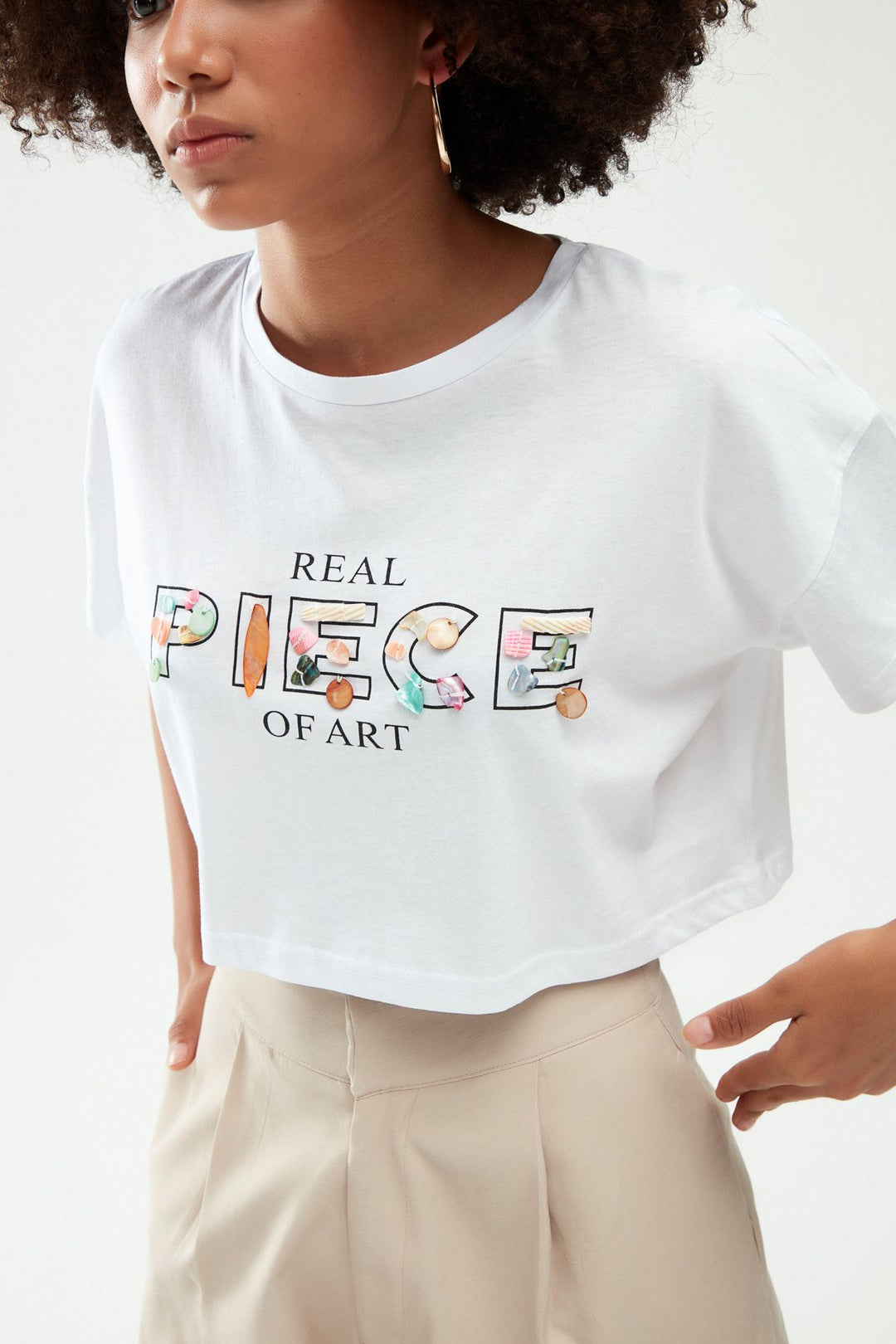 Baskılı Crop Tişört Beyaz