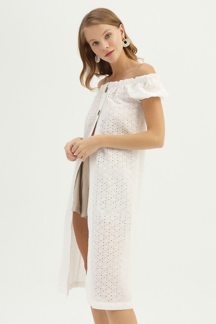 Button Detailed Guipure Long Blouse White