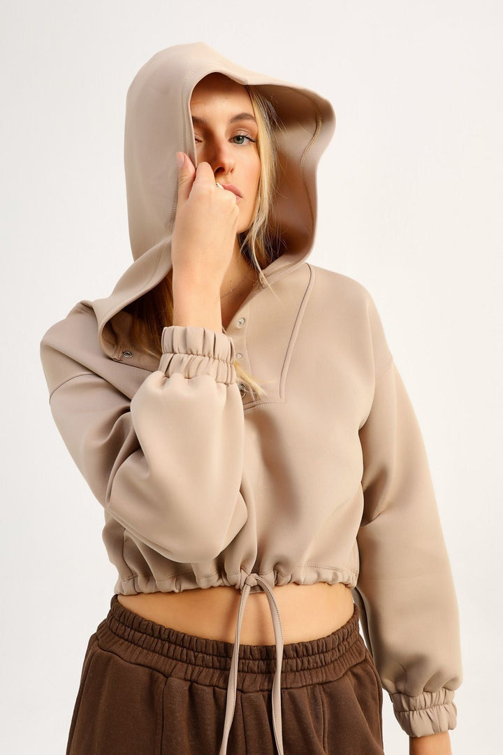 Dalgıç Kumaş Kapüşonlu Sweatshirt Vizon