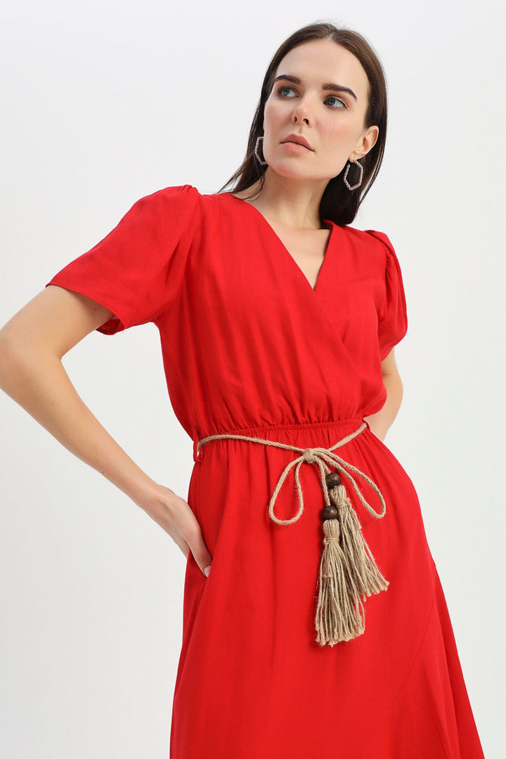 Straw Belt Double Breasted Linen Dress Red