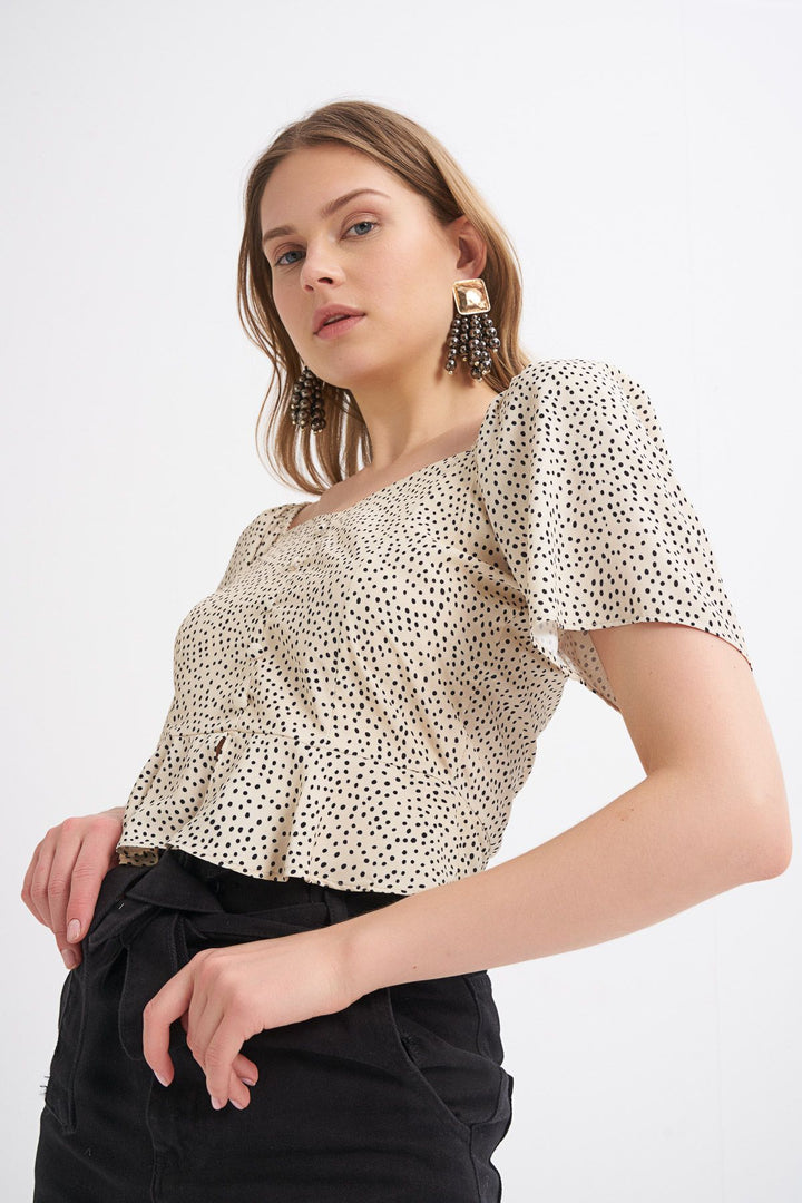 Button Detailed Polka Dot Volan Sleeve Blouse Beige