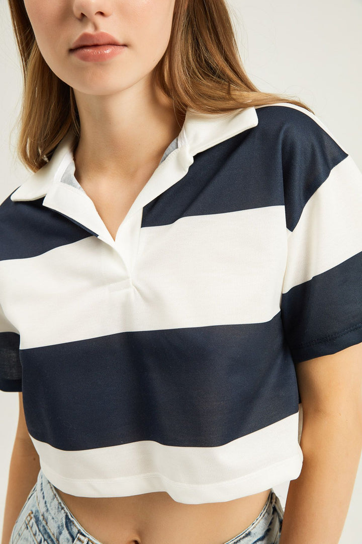 Polo Neck Striped Crop Blouse Navy