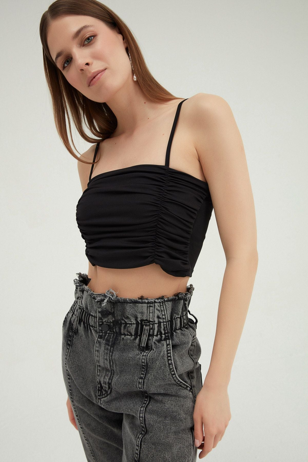 Thin Strapped Gippie Crop Blouse Black