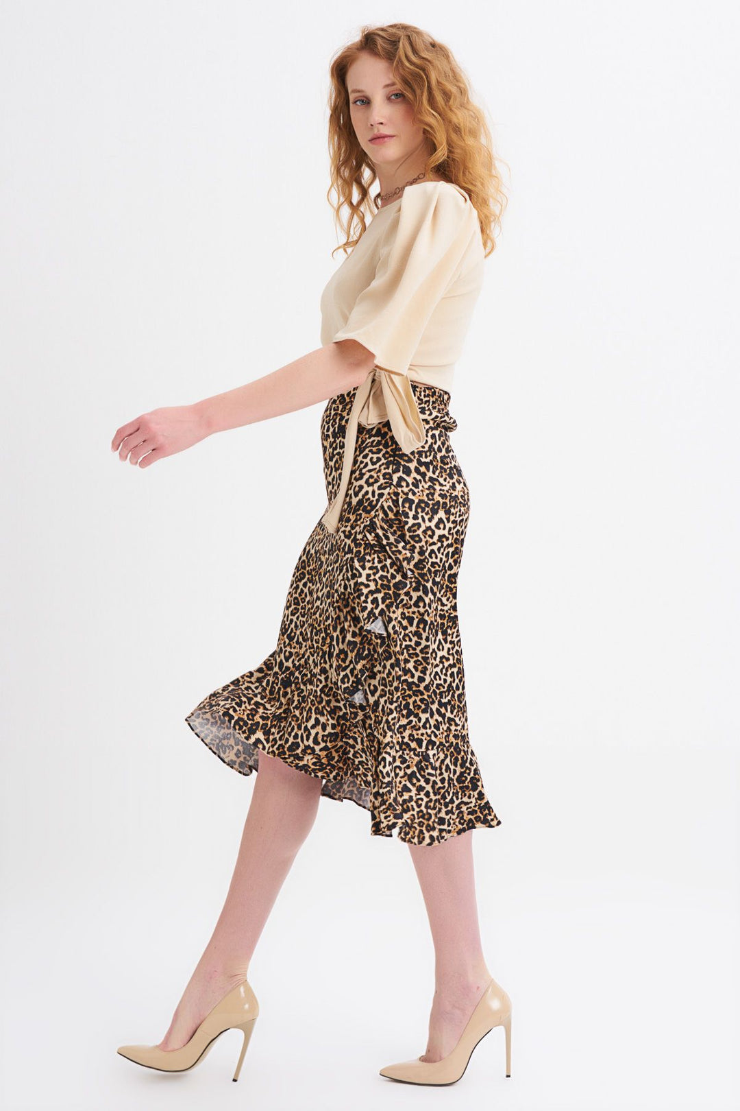 Leopard Patterned Ruffle Skirt Brown