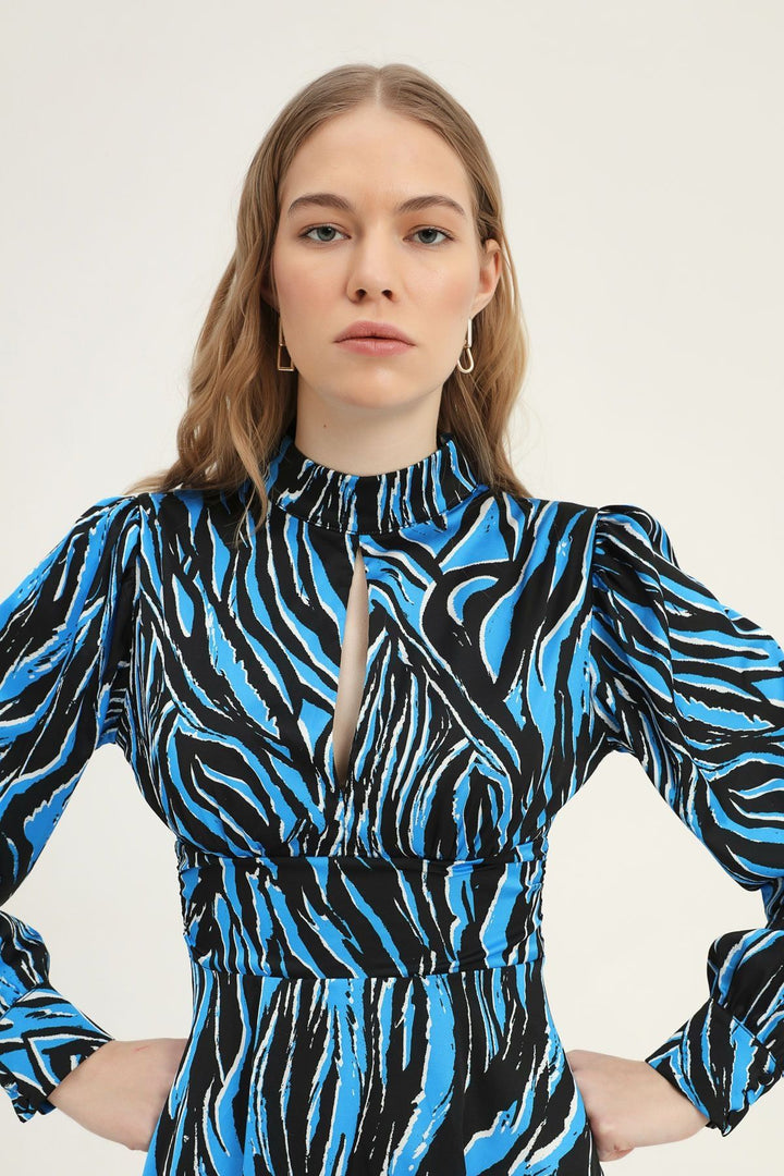 Patterned Low Back Satin Dress Blue