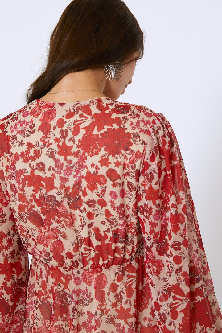 Çicek Desenli V Yaka Midi Elbise Bej