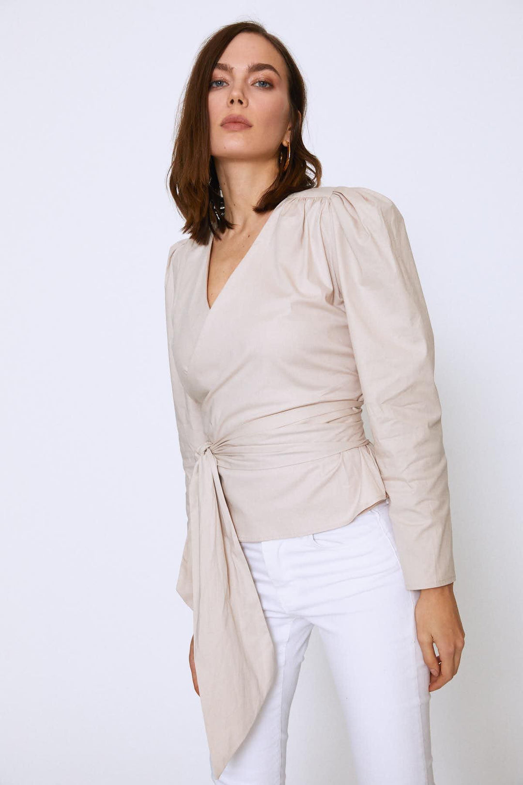 Bağlamalı Kruvaze Bluz Açık Bej