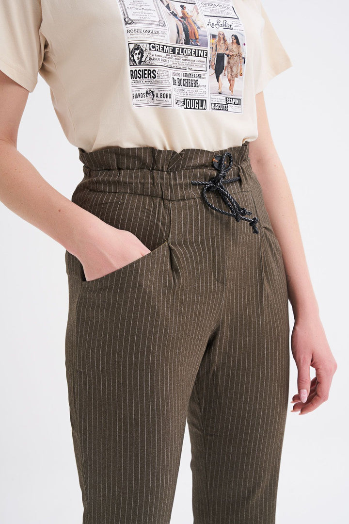 Tie Waist Striped Trousers Khaki