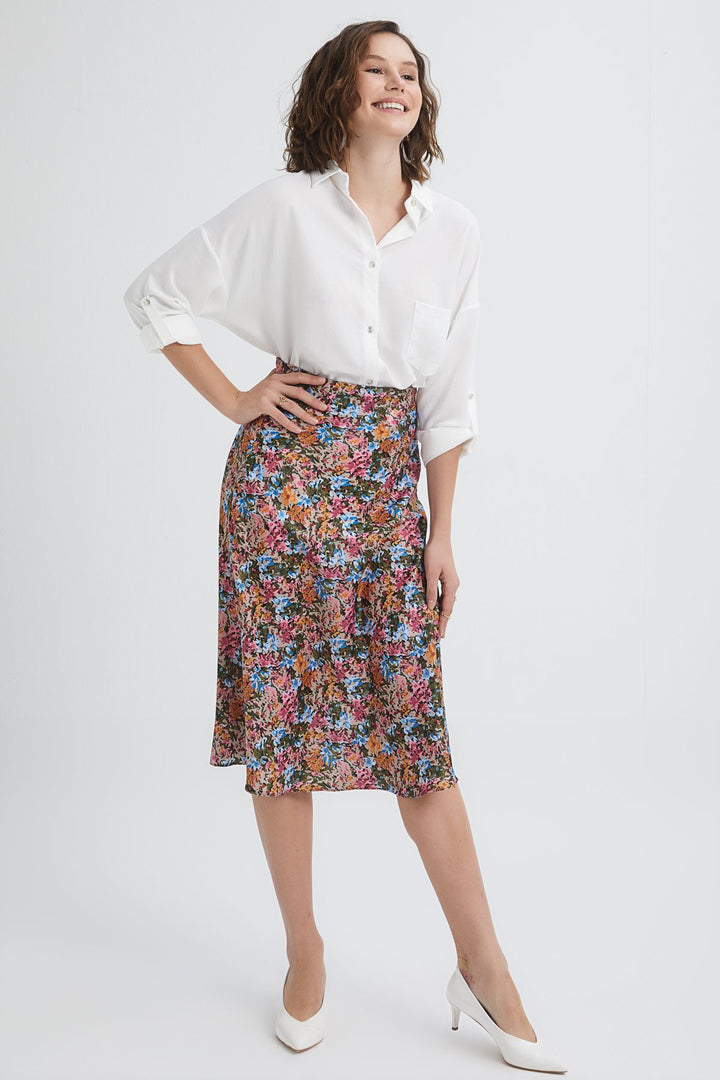 Desenli Midi Etek Fuşya