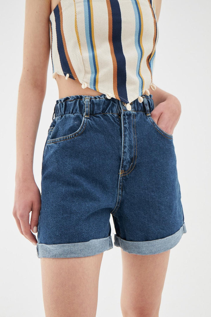 Duble Paça Beli Lastikli Kot Şort Mavi