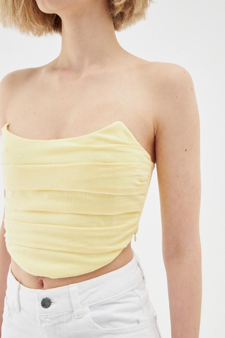 Pleated Strapless Blouse Yellow