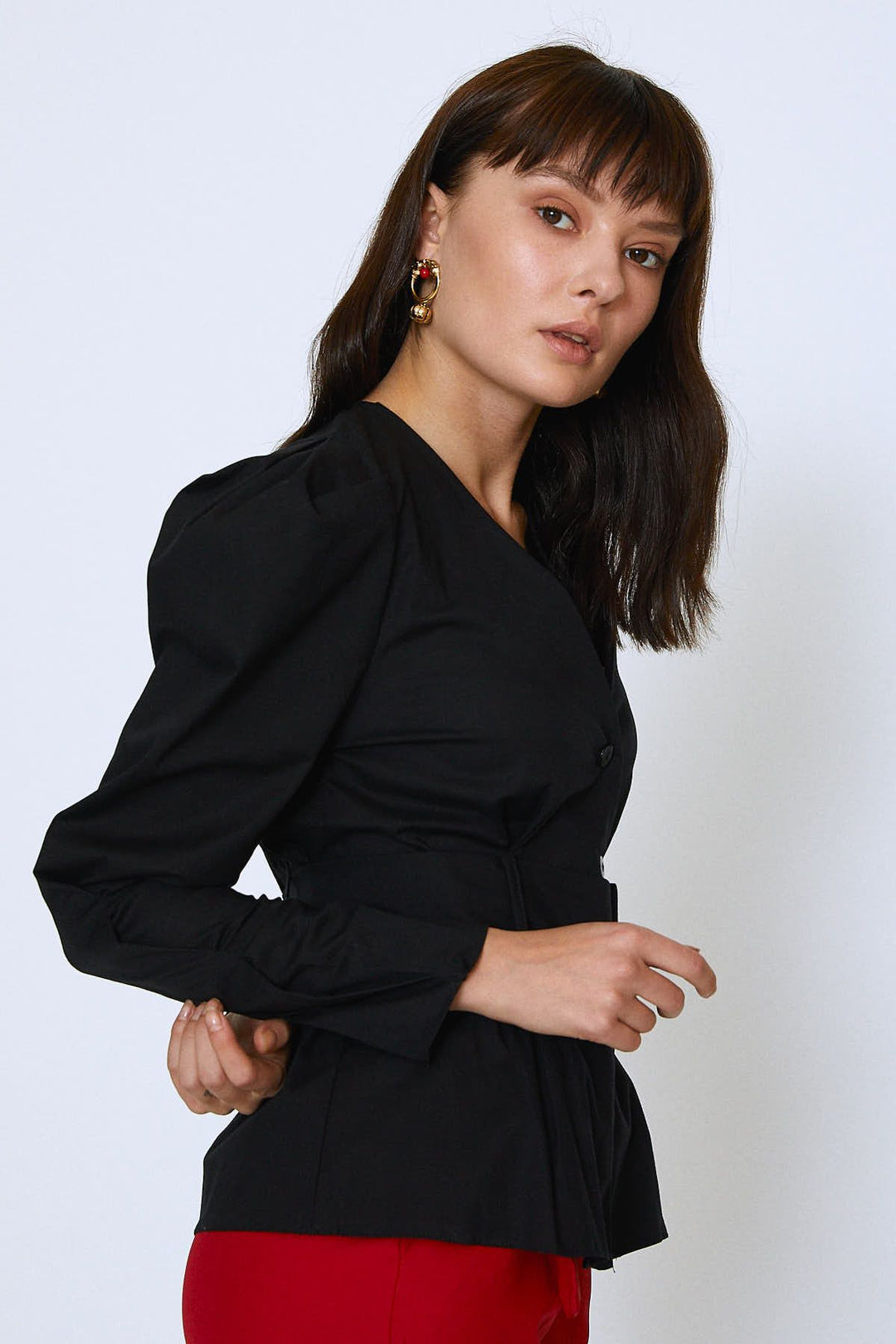 Belted Buttoned V-Neck Blouse Black