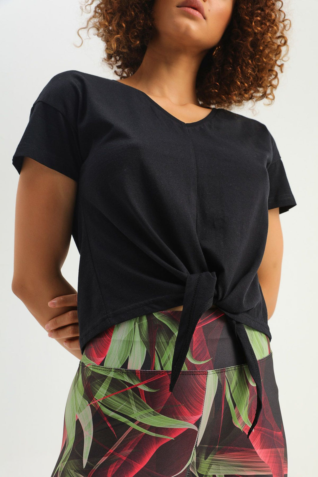 Tie Front V-Neck Sports T-Shirt Black