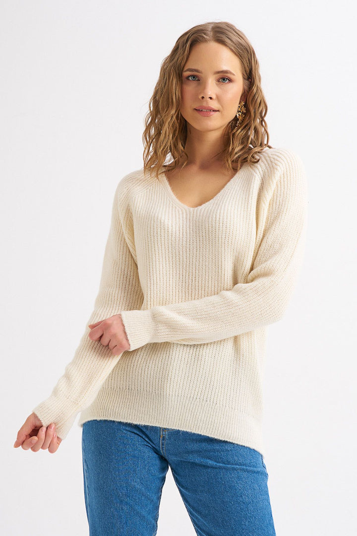 V Neck Long Sweater Ecru