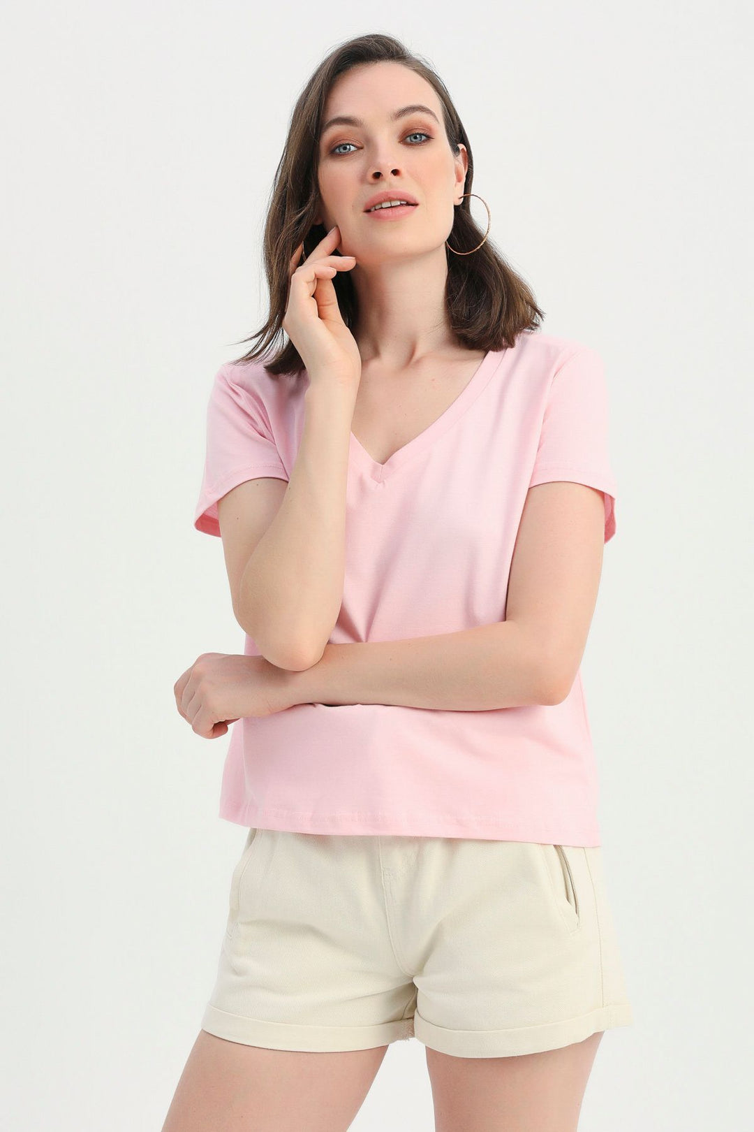 Vatkalı V Yaka Tişört Pembe