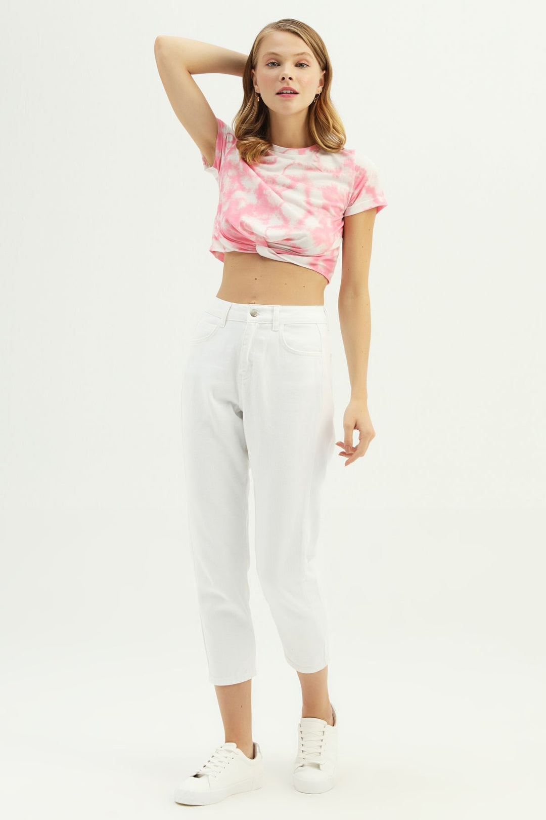 Desenli Büzgü Detaylı Tişört Pembe