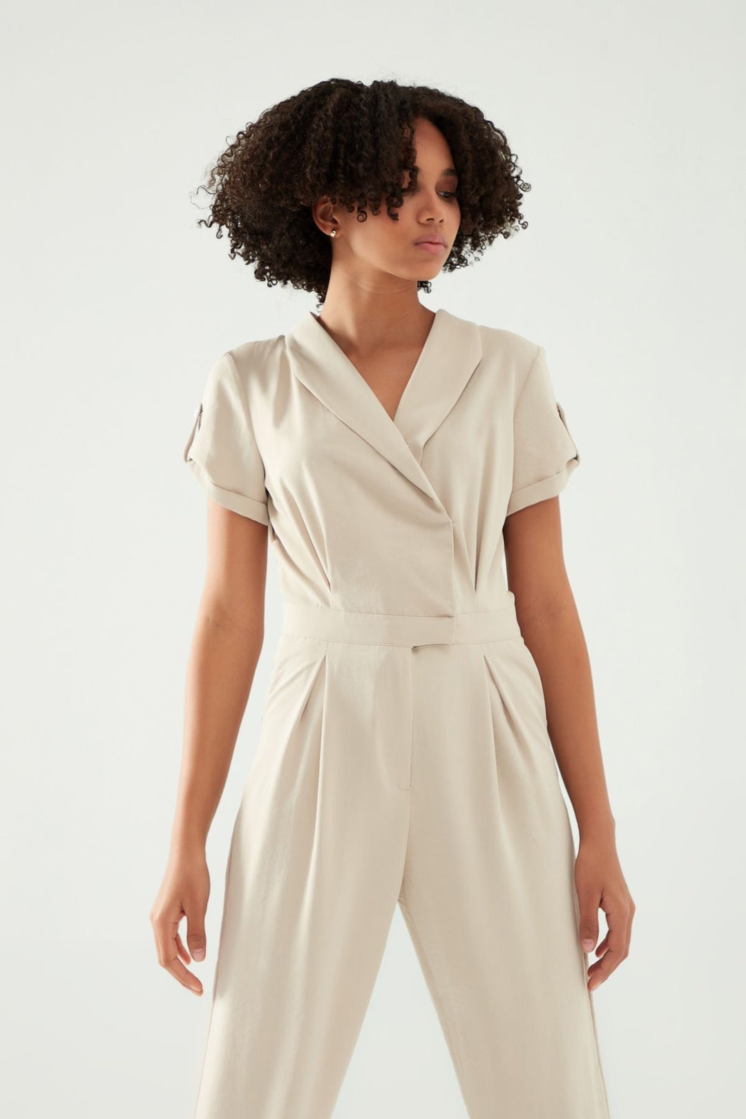 Double Breasted Collar Jumpsuit Stone